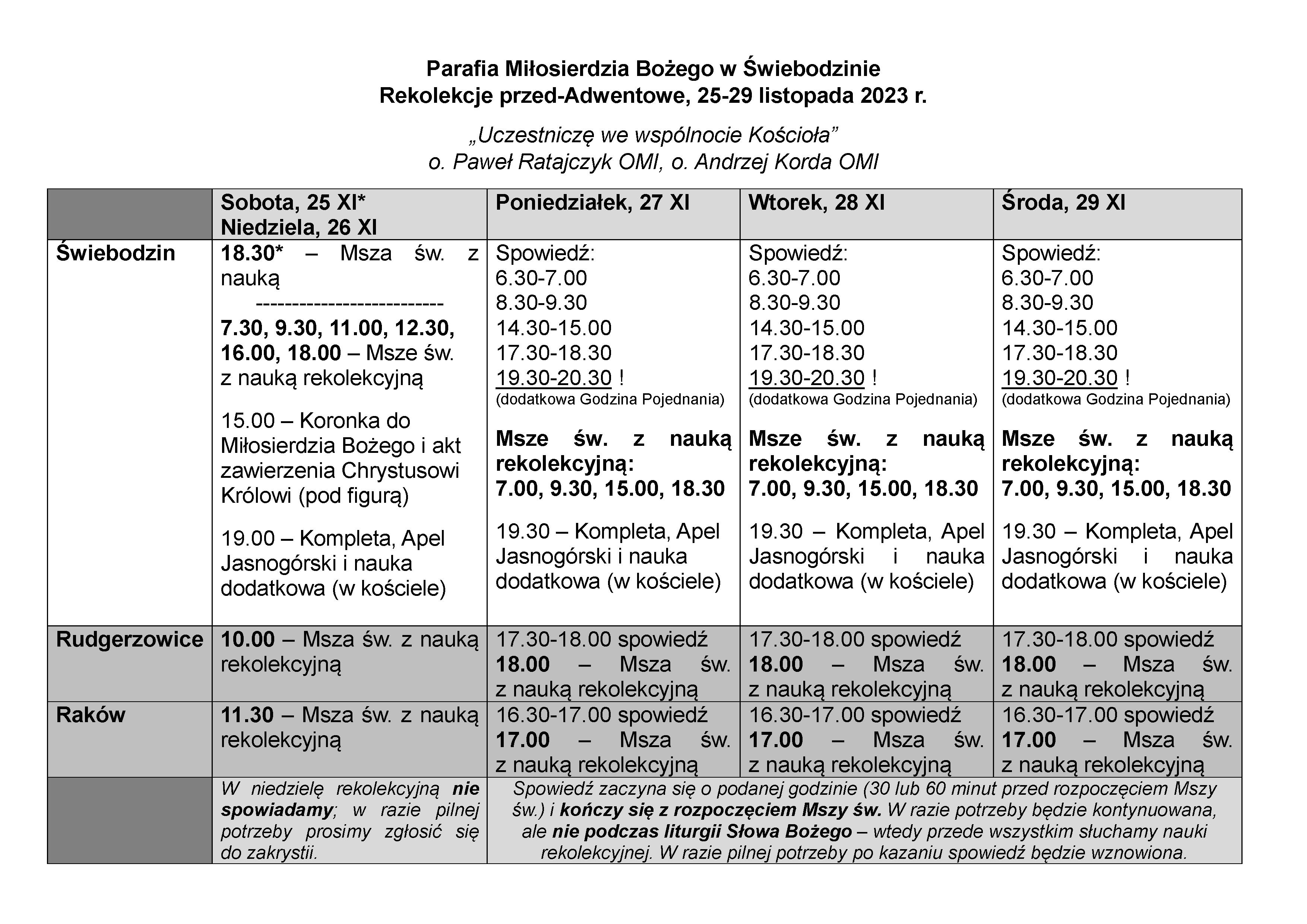 Sanktuarium Miłosierdzia Bożego w Świebodzinie » Plan rekolekcji